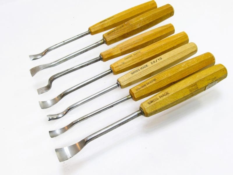 Superb Set of 7 Pfeil Swiss Made Carving Chisels 28/10, 3/20, 25/20, 25/14 ,5/16, 7/10, 21/12,