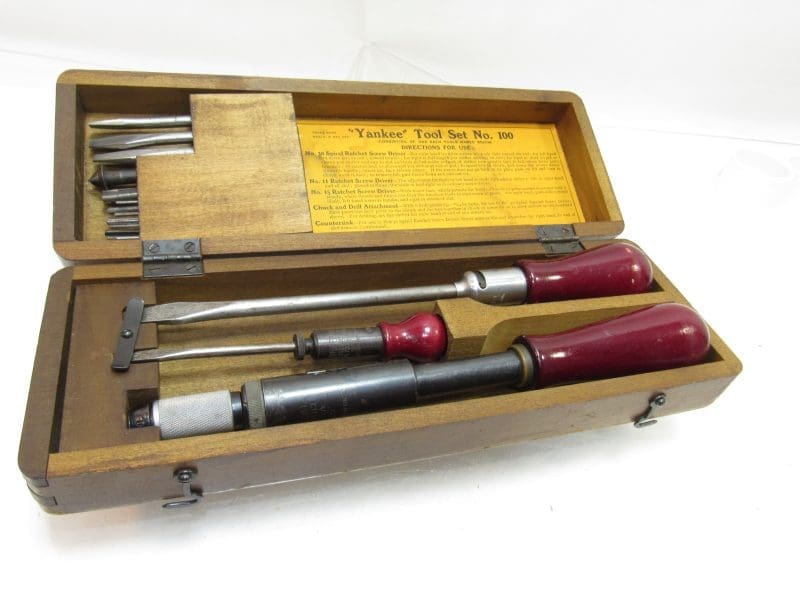 Superb Yankee North Brothers Tool Set # 100 Spiral Ratchet Screwdriver Set In Original Wooden Box.