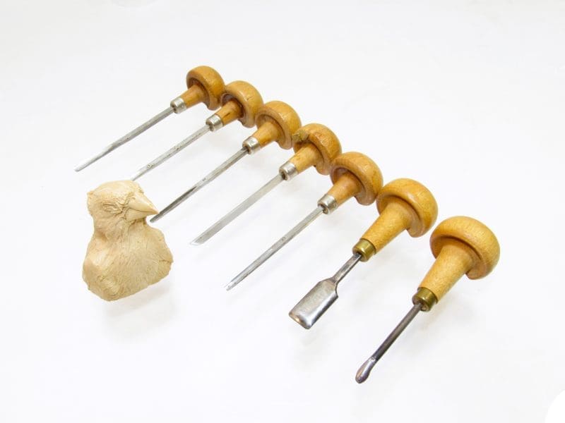 Great Set Of 7 Harmen Palm Carving Chisels / Tools Plus a Carved Bird